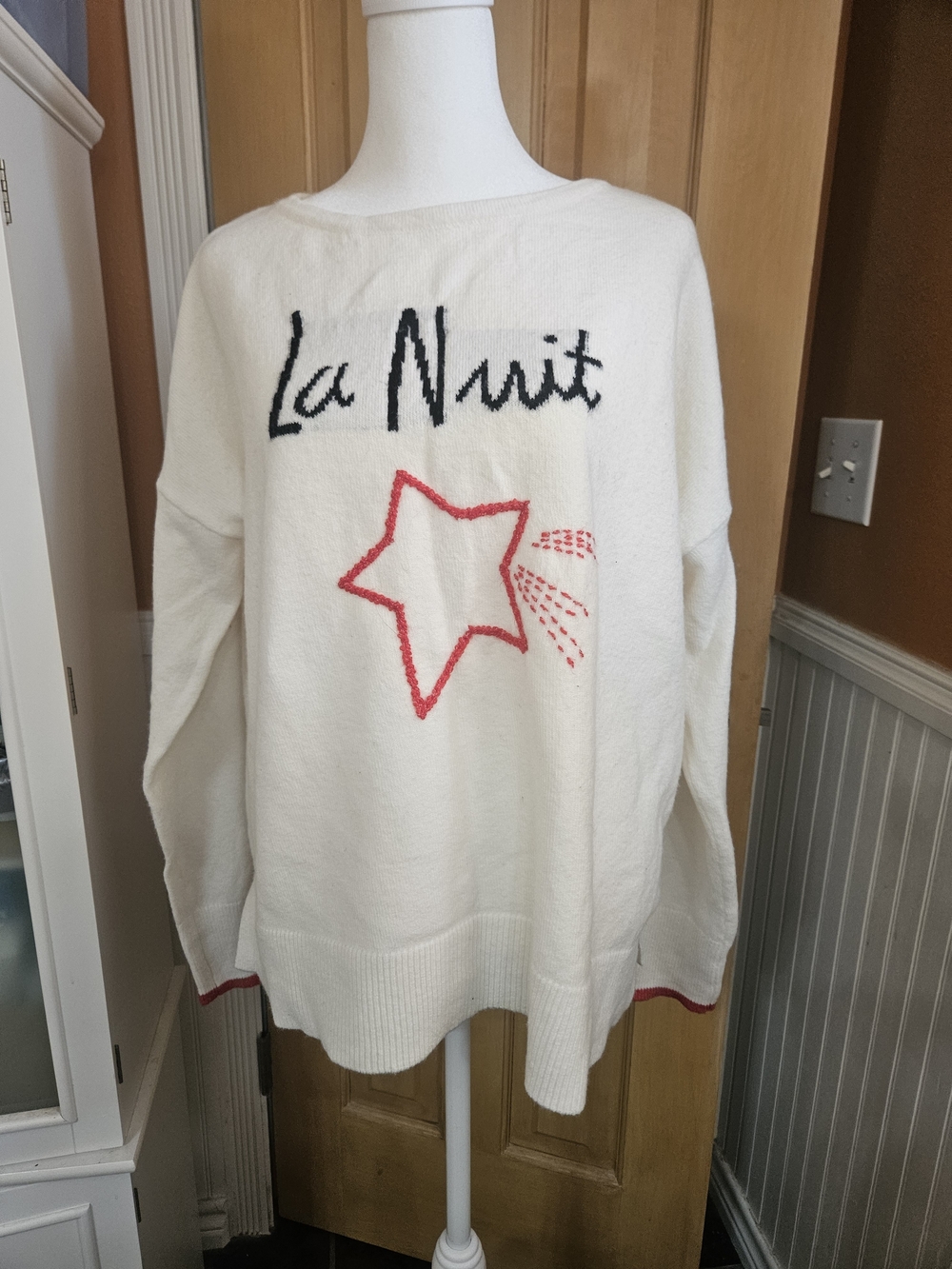 Loft Off-White Knit Sweater with Red Star Accent